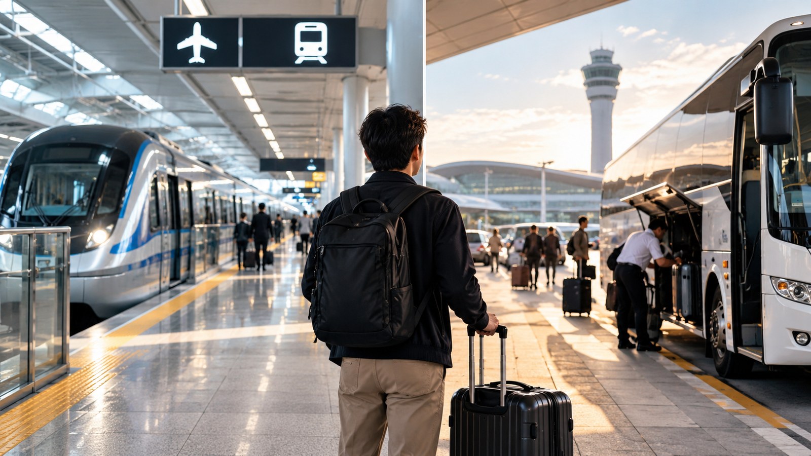 Traveller at Incheon Airport choosing between airport rail and limousine bus