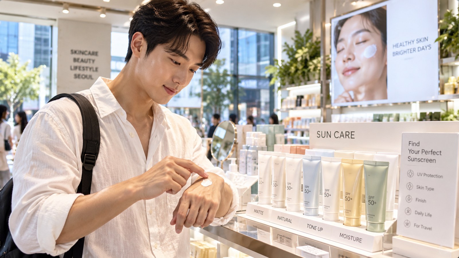 Shopper testing sunscreen texture in a modern Seoul cosmetics store
