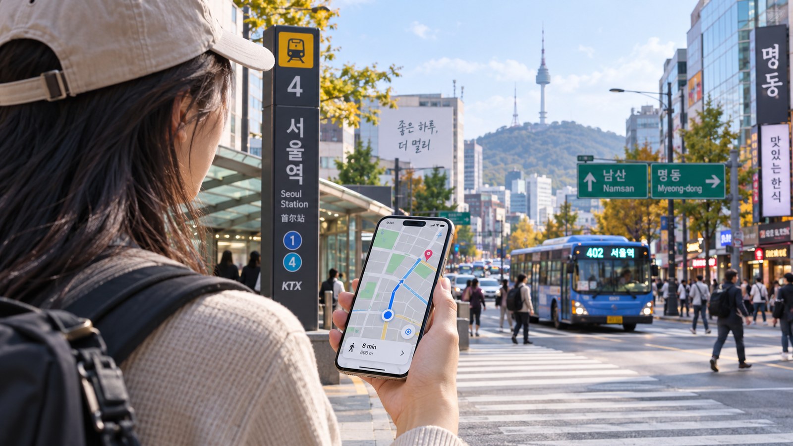 Traveler using smartphone navigation on a Seoul street