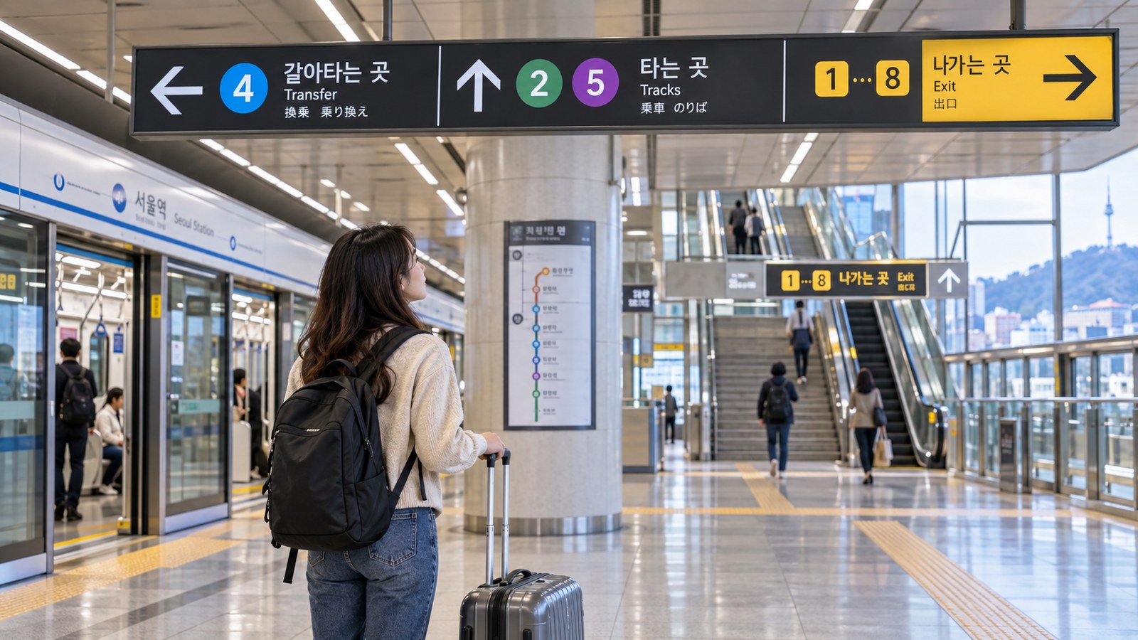 Traveler with luggage reading transfer and exit signs in a Seoul subway station