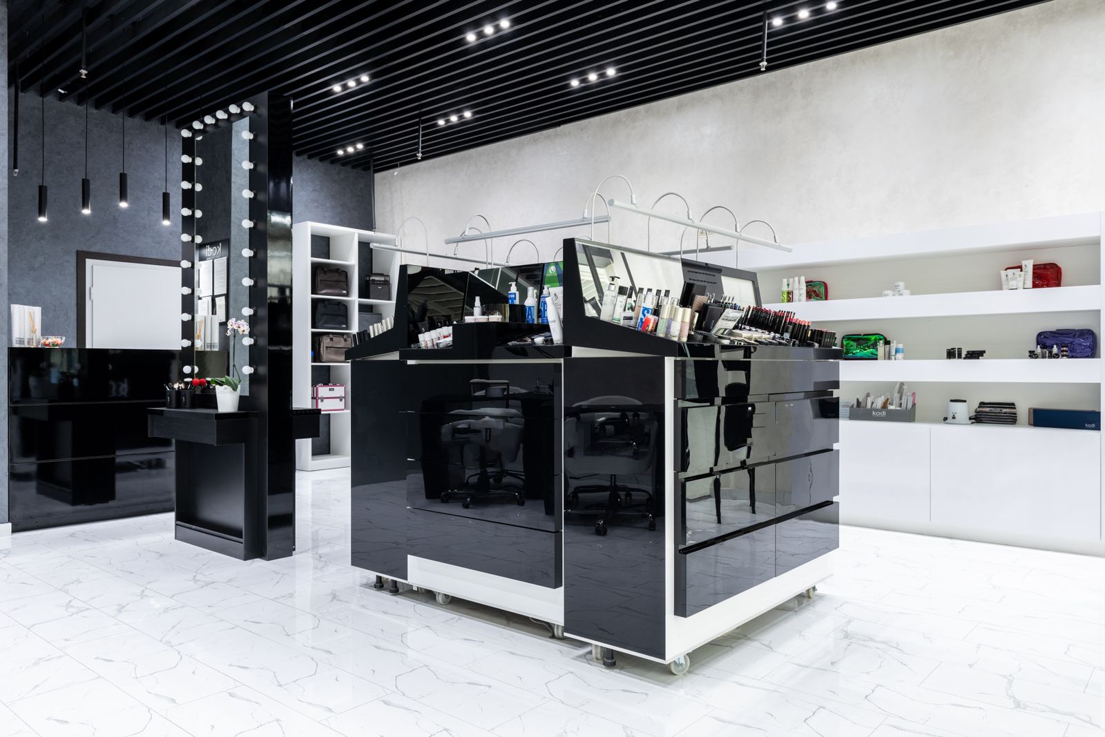Modern cosmetics store interior with product displays