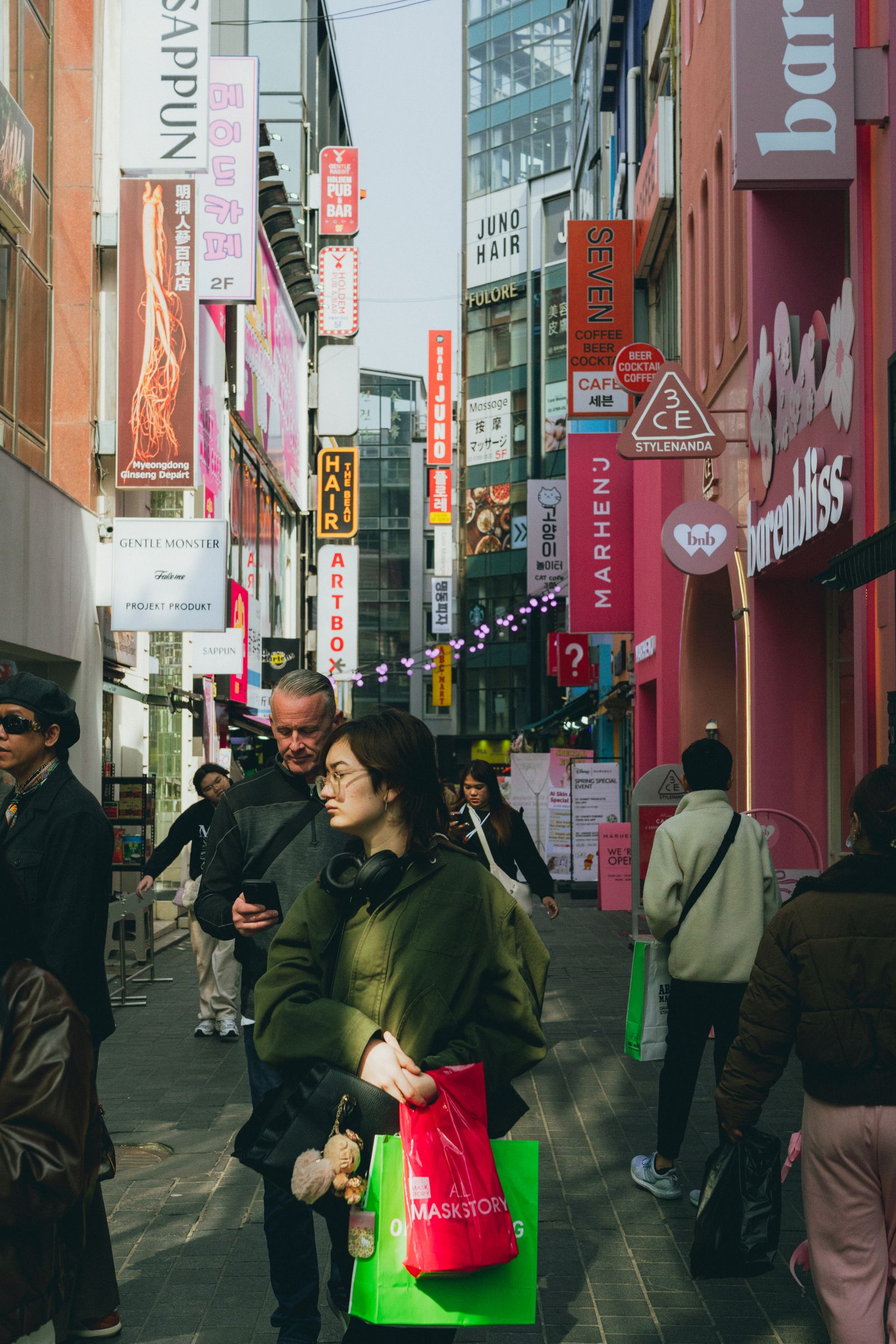 Busy shopping street in Myeong-dong, Seoul